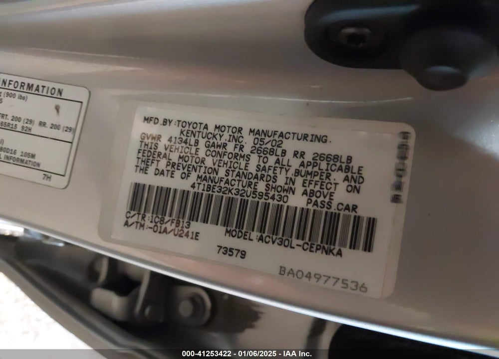 2002 TOYOTA CAMRY LE VIN: 4T1BE32K32U595430
