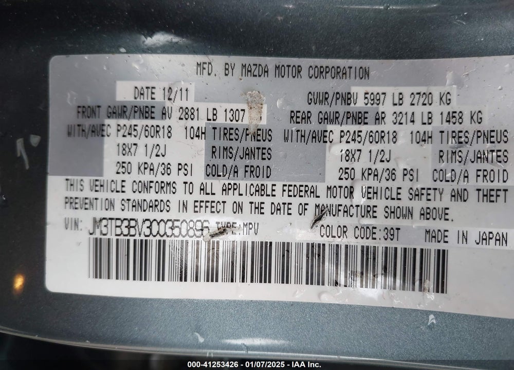 2012 MAZDA CX-9 SPORT VIN: JM3TB3BV3C0350896