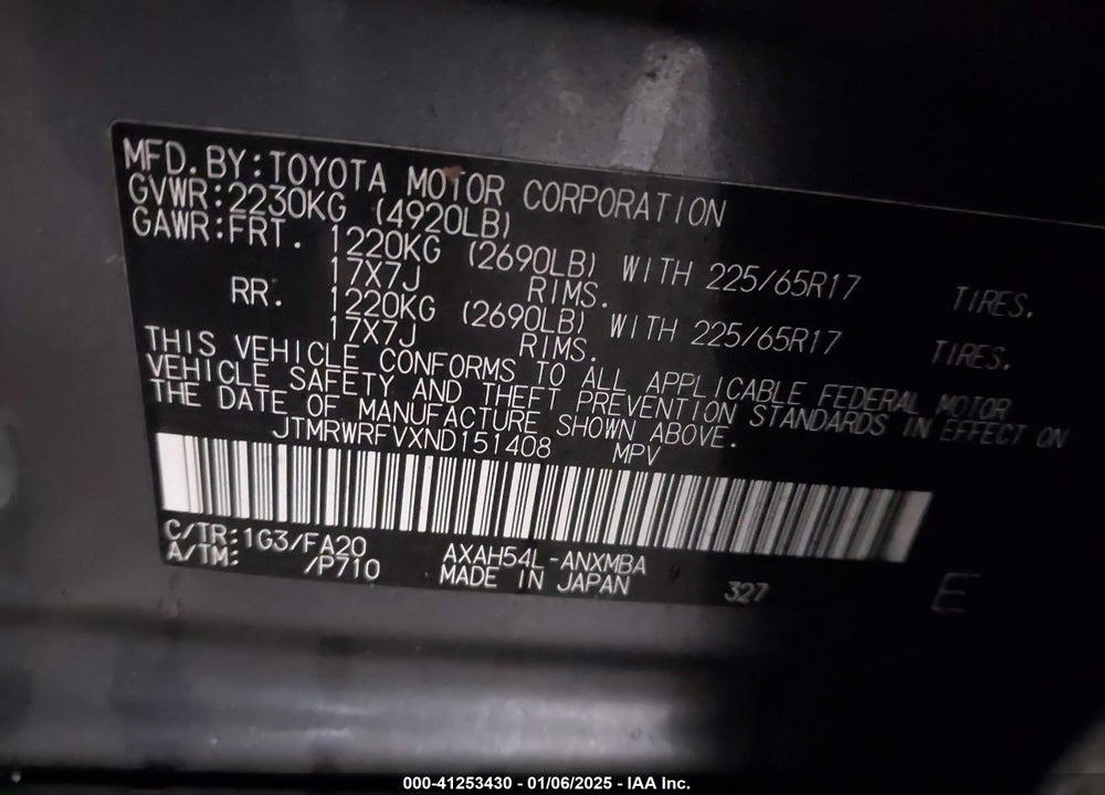 2022 TOYOTA RAV4 VIN: JTMRWRFVXND151408