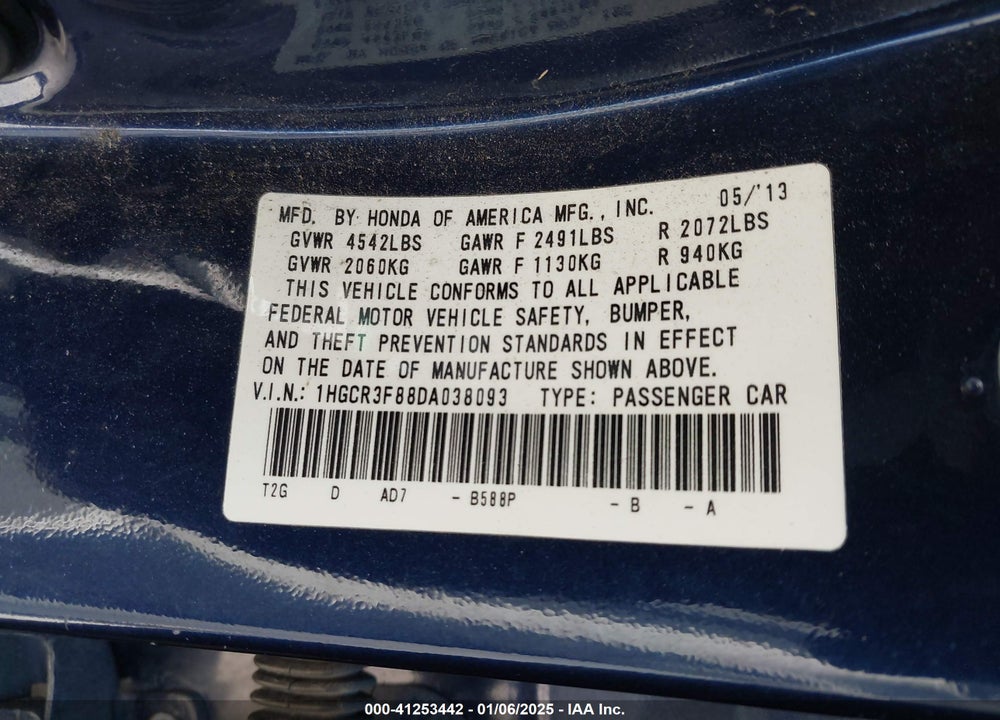2013 HONDA ACCORD VIN: 1HGCR3F88DA038093
