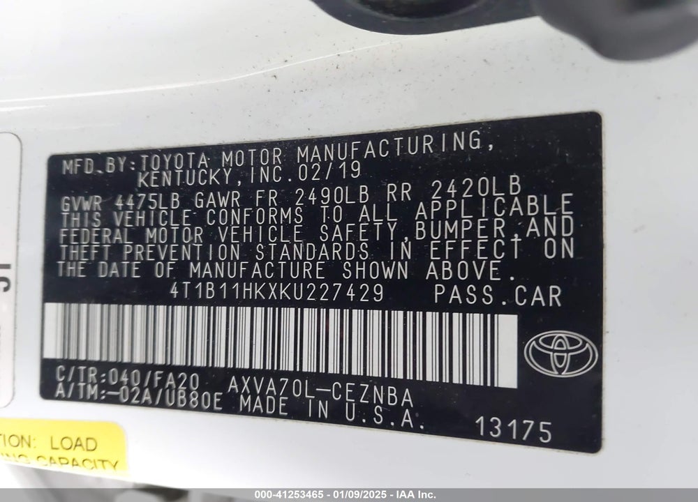 2019 TOYOTA CAMRY VIN: 4T1B11HKXKU227429