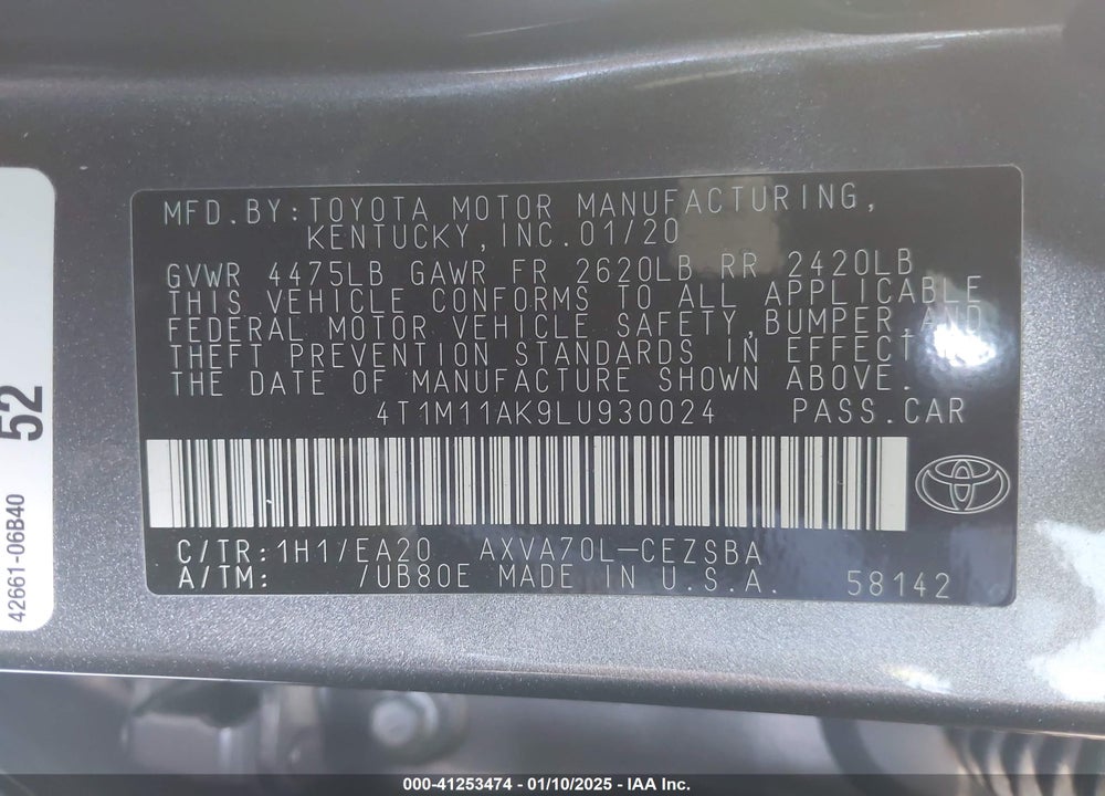 2020 TOYOTA CAMRY VIN: 4T1M11AK9LU930024