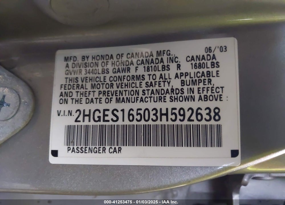 2003 HONDA CIVIC LX VIN: 2HGES16503H592638