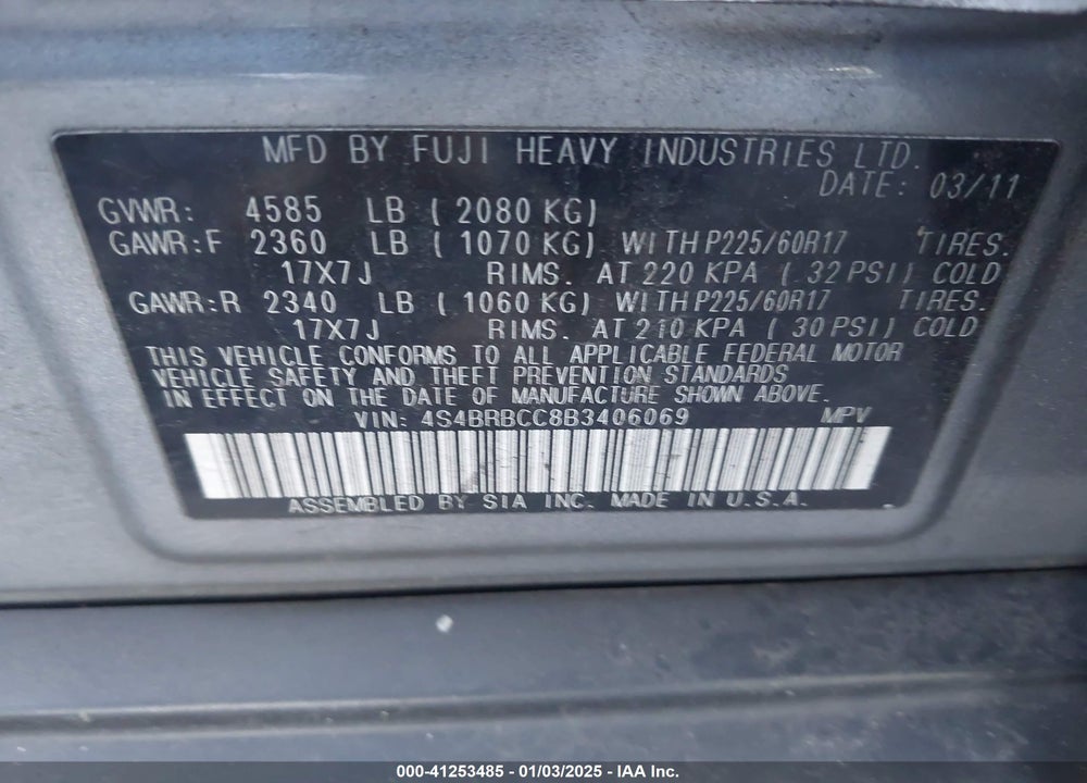 2011 SUBARU OUTBACK 2.5I PREMIUM VIN: 4S4BRBCC8B3406069