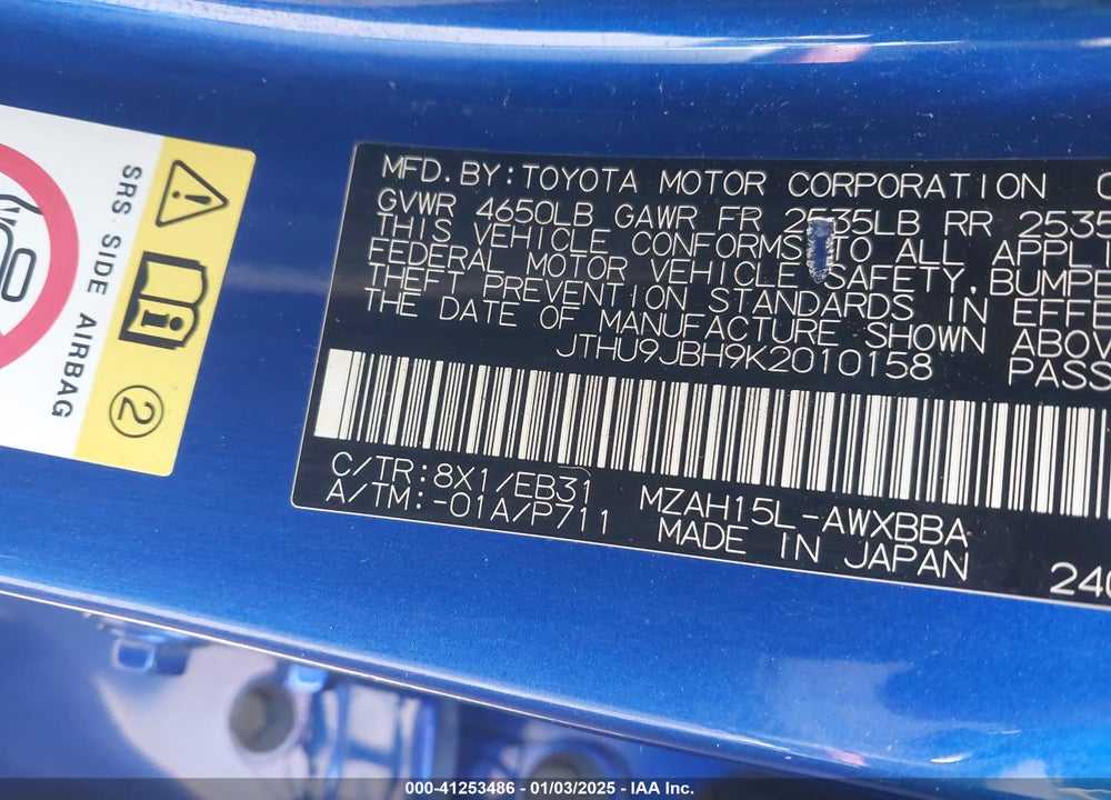 2019 LEXUS UX 250H F SPORT VIN: JTHU9JBH9K2010158