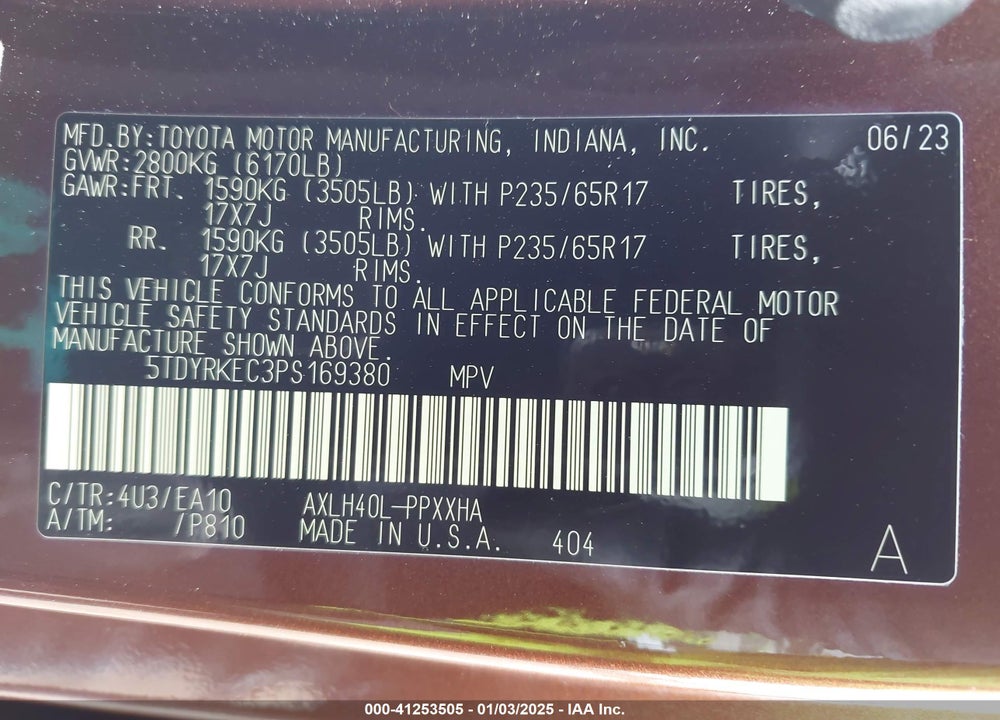2023 TOYOTA SIENNA VIN: 5TDYRKEC3PS169380