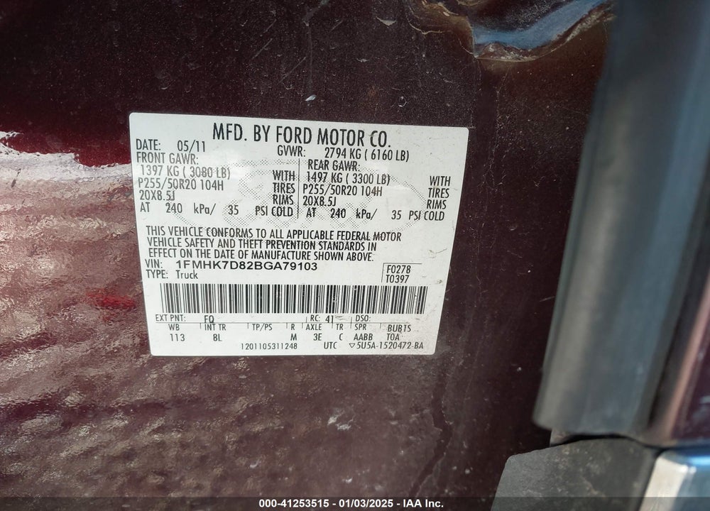 2011 FORD EXPLORER XLT VIN: 1FMHK7D82BGA79103