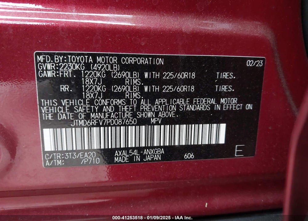2023 TOYOTA RAV4 HYBRID LIMITED VIN: JTMD6RFV7PD087650