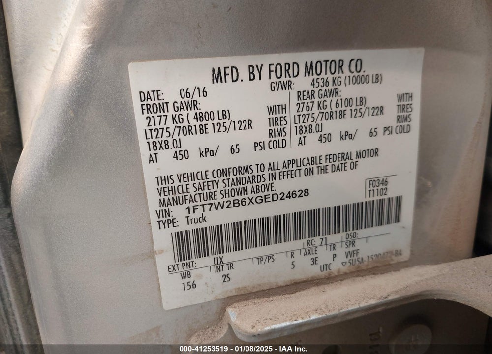 2016 FORD F-250 XLT VIN: 1FT7W2B6XGED24628