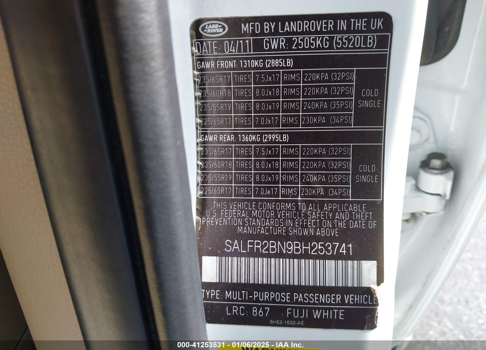 2011 LAND ROVER LR2 VIN: SALFR2BN9BH253741