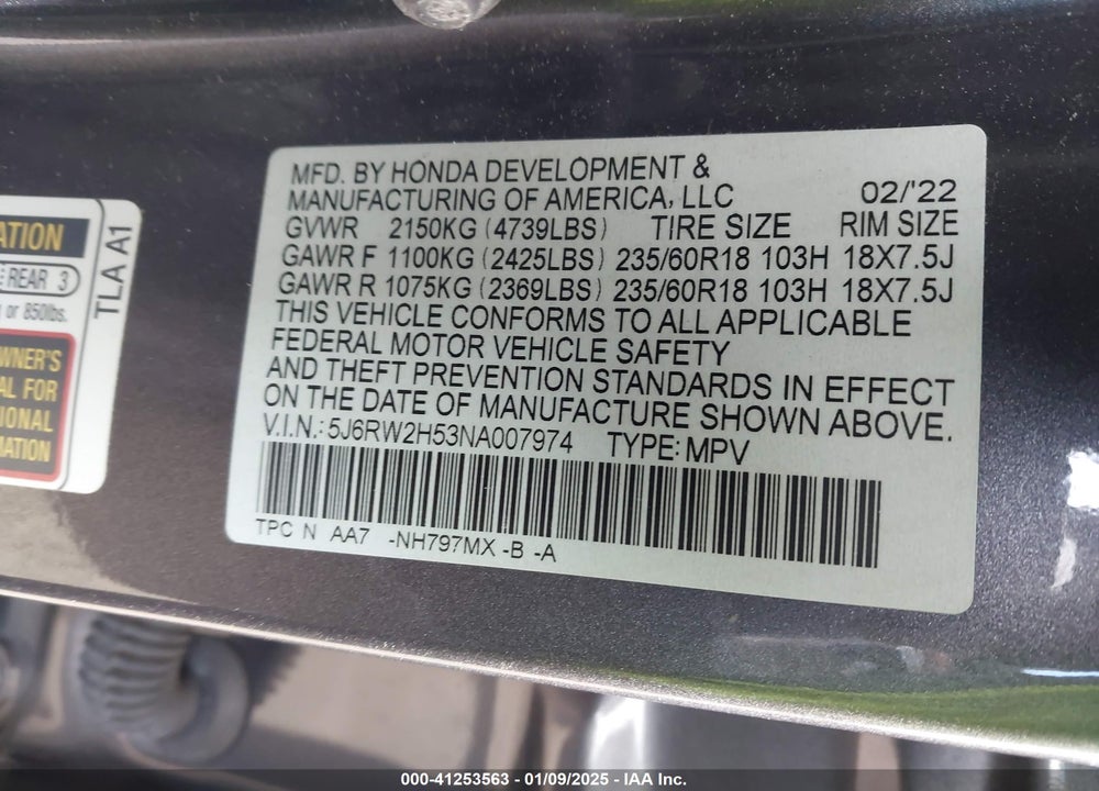 2022 HONDA CR-V AWD EX VIN: 5J6RW2H53NA007974
