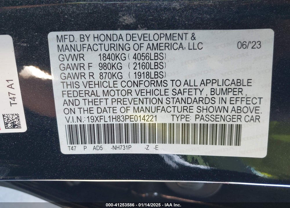 2023 HONDA CIVIC VIN: 19XFL1H83PE014221