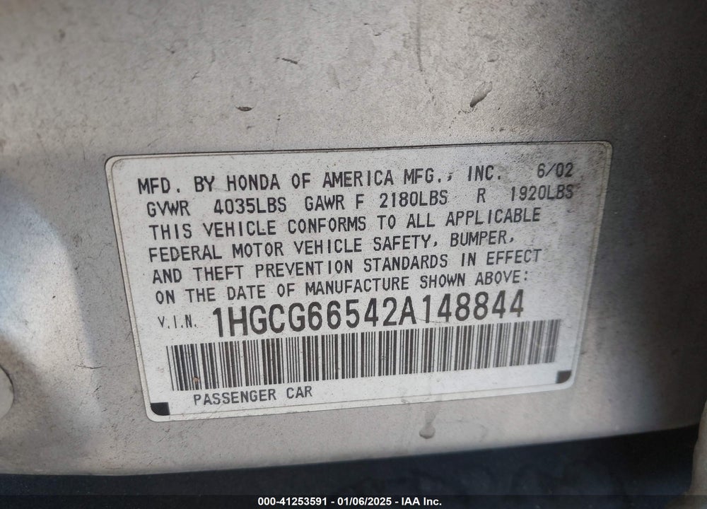 2002 HONDA ACCORD 2.3 LX VIN: 1HGCG66542A148844