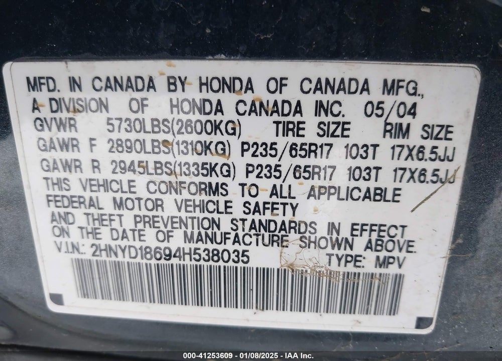 2004 ACURA MDX VIN: 2HNYD18694H538035