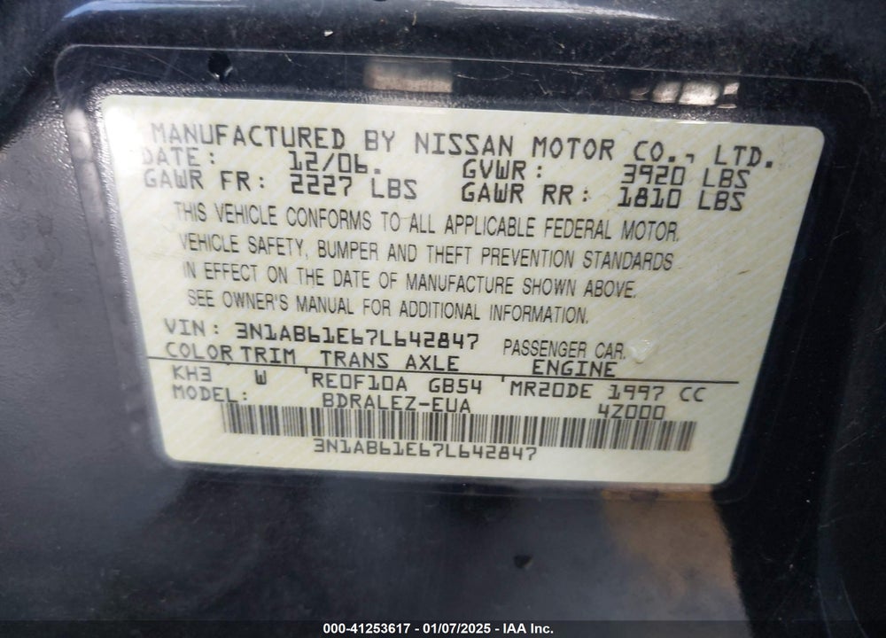 2007 NISSAN SENTRA VIN: 3N1AB61E67L642847