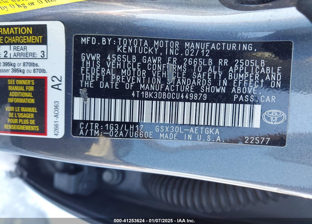 2012 TOYOTA AVALON VIN: 4T1BK3DB0CU449879