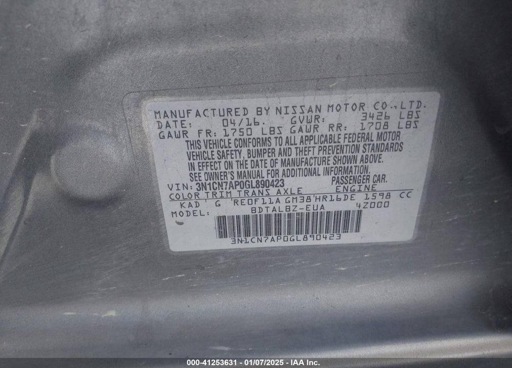 2016 NISSAN VERSA 1.6 SV VIN: 3N1CN7AP0GL890423
