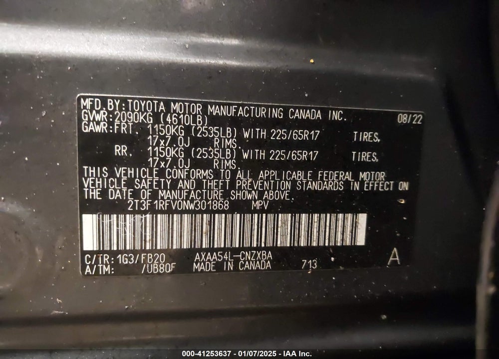2022 TOYOTA RAV4 LE VIN: 2T3F1RFV0NW301868
