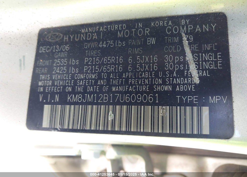 2007 HYUNDAI TUCSON GLS VIN: KM8JM12B17U609061