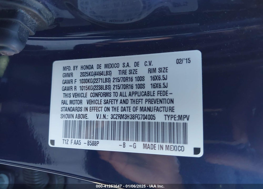 2015 HONDA CR-V LX VIN: 3CZRM3H38FG704005