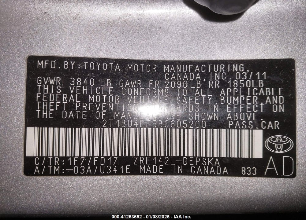 2011 TOYOTA COROLLA VIN: 2T1BU4EE5BC605200
