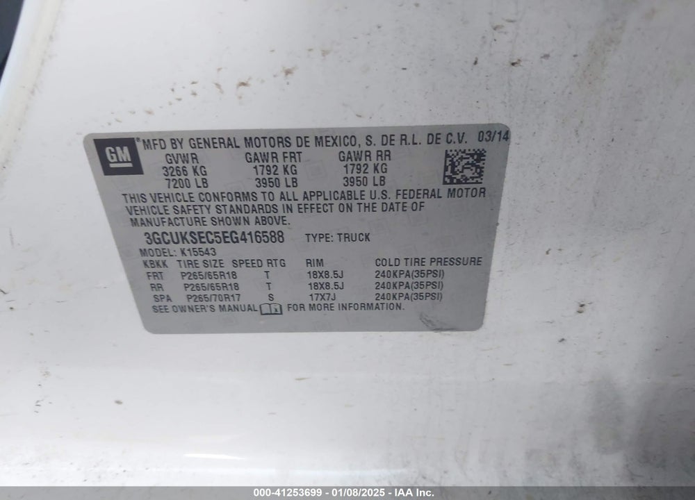 2014 CHEVROLET SILVERADO 1500 1LZ VIN: 3GCUKSEC5EG416588