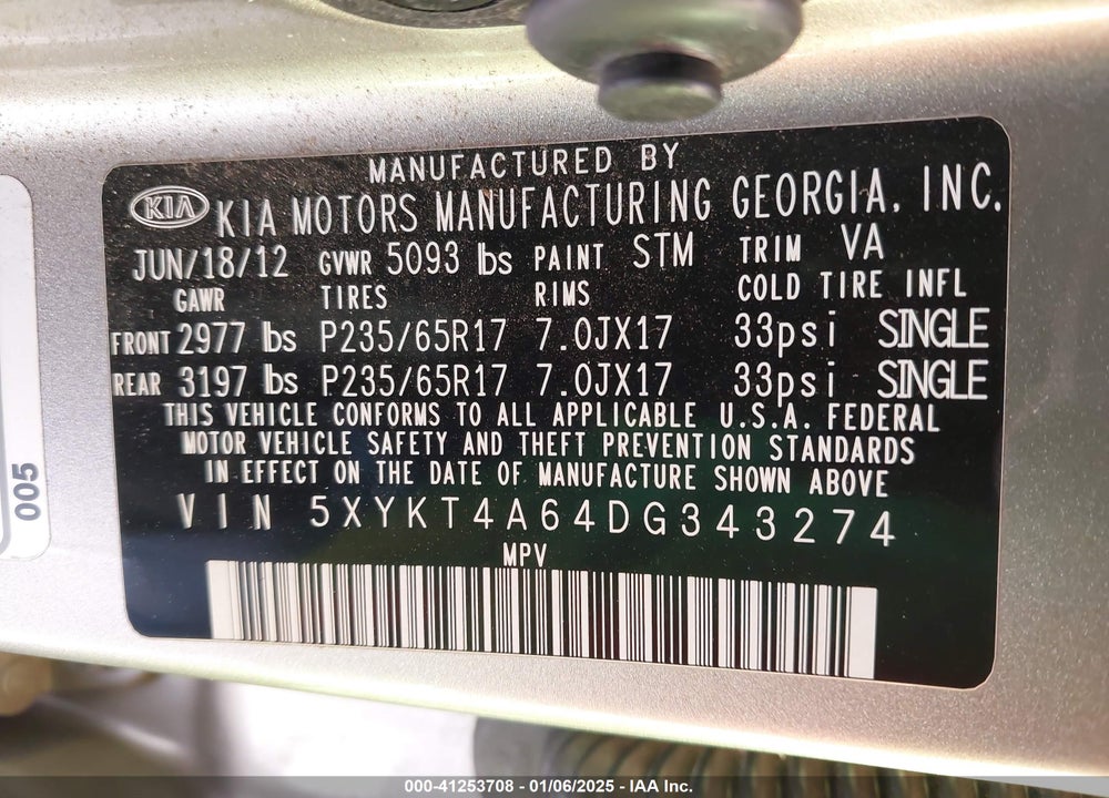 2013 KIA SORENTO VIN: 5XYKT4A64DG343274