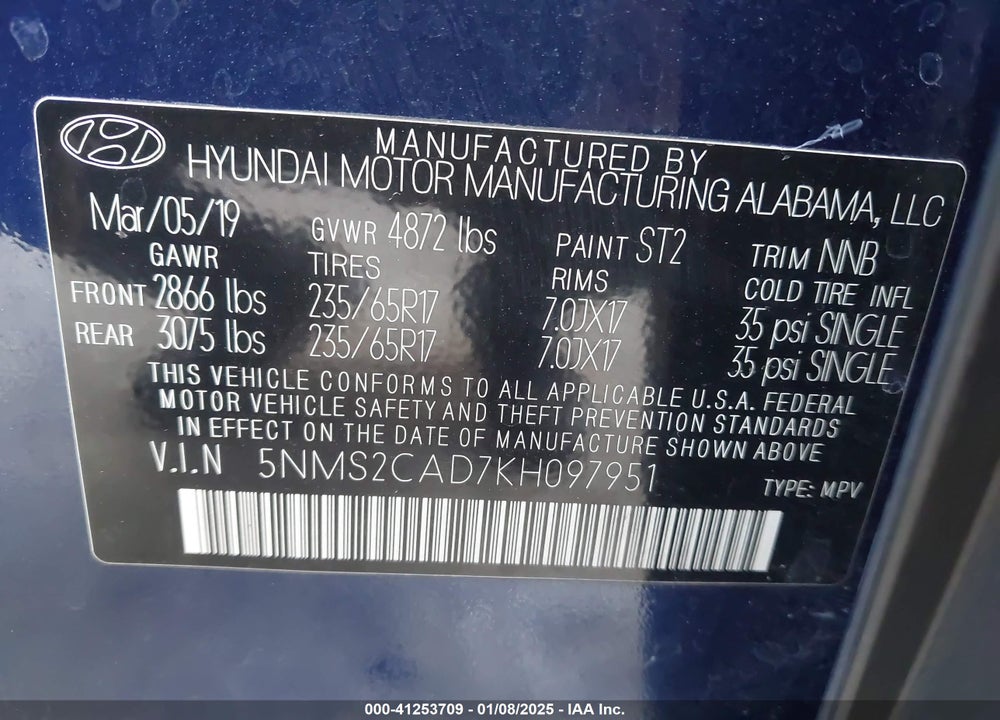 2019 HYUNDAI SANTA FE SE VIN: 5NMS2CAD7KH097951