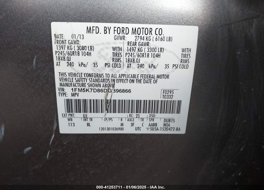 2013 FORD EXPLORER VIN: 1FM5K7D86DGB96866