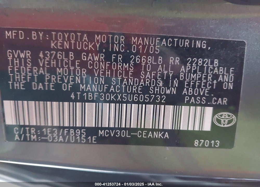 2005 TOYOTA CAMRY LE V6 VIN: 4T1BF30KX5U605732