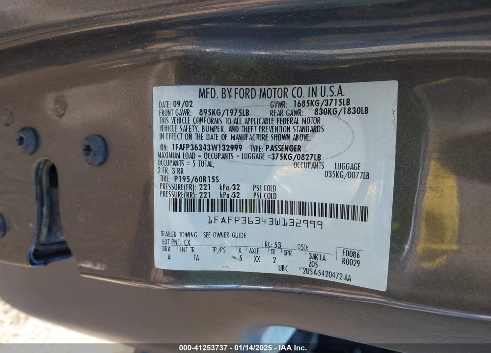 2003 FORD FOCUS SE/ZTW VIN: 1FAFP36343W132999