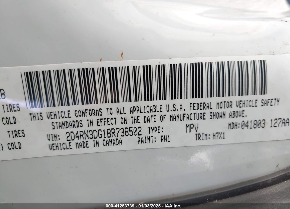 2011 DODGE GRAND CARAVAN MAINSTREET VIN: 2D4RN3DG1BR738502