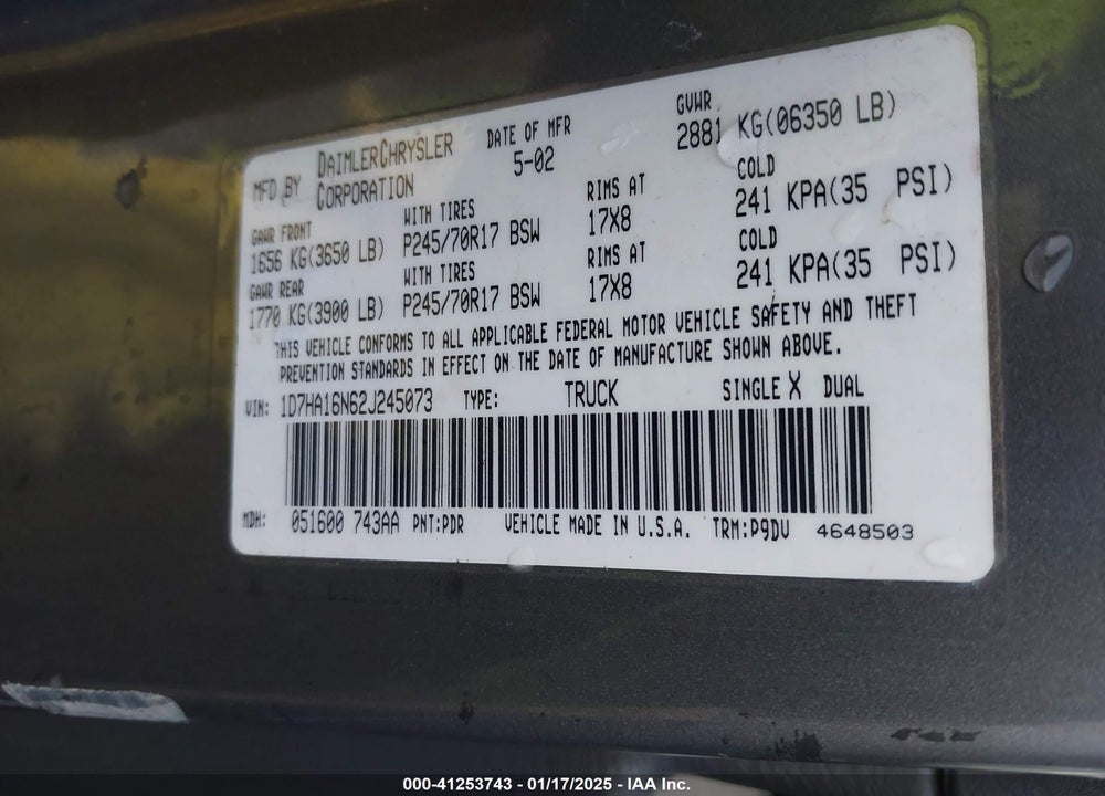 2002 DODGE RAM 1500 ST VIN: 1D7HA16N62J245073