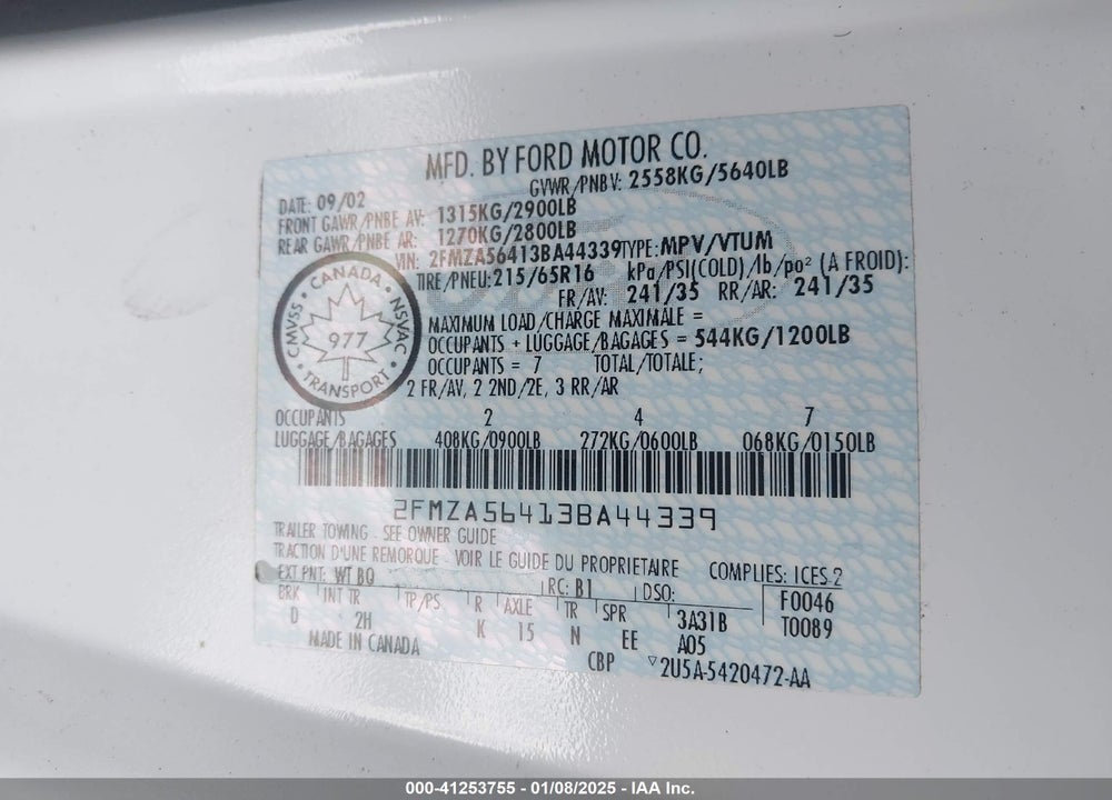 2003 FORD WINDSTAR SEL VIN: 2FMZA56413BA44339