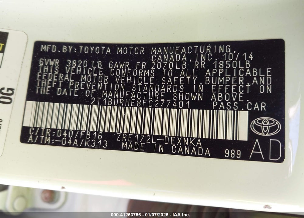 2015 TOYOTA COROLLA LE VIN: 2T1BURHE8FC277401