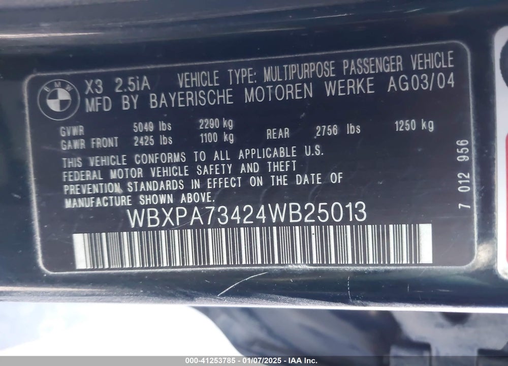 2004 BMW X3 2.5I VIN: WBXPA73424WB25013
