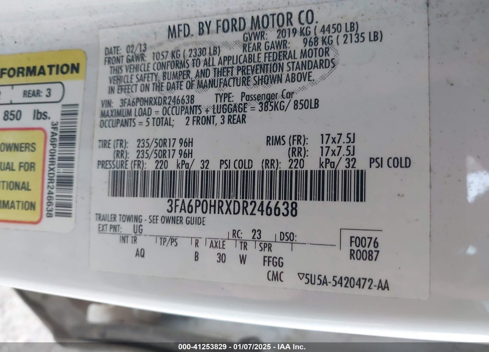 2013 FORD FUSION VIN: 3FA6P0HRXDR246638