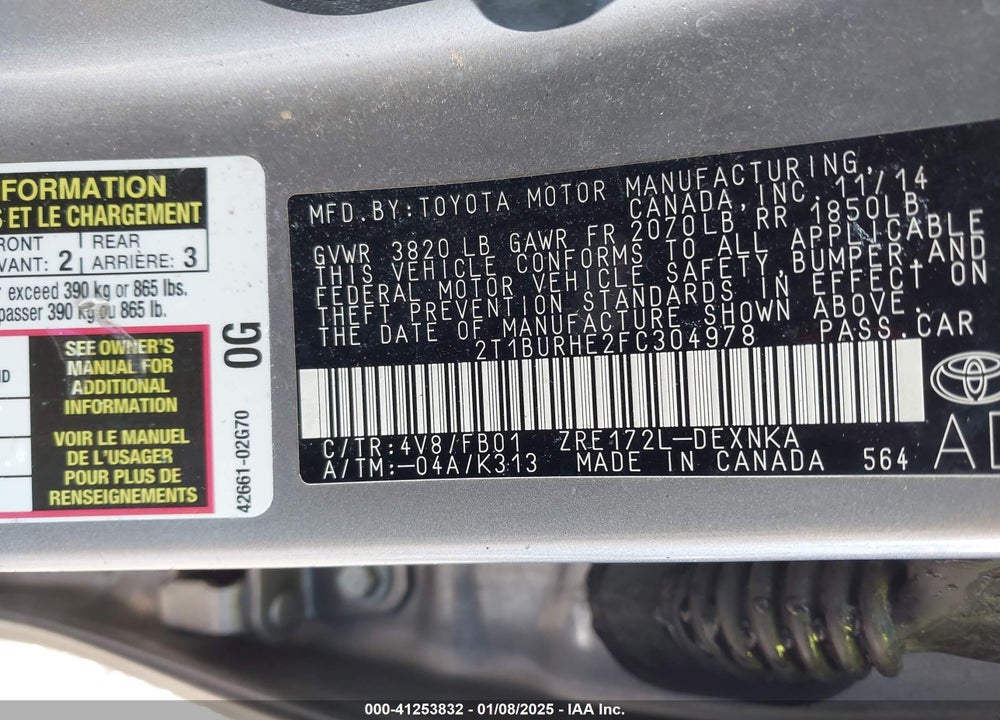2015 TOYOTA COROLLA LE VIN: 2T1BURHE2FC304978