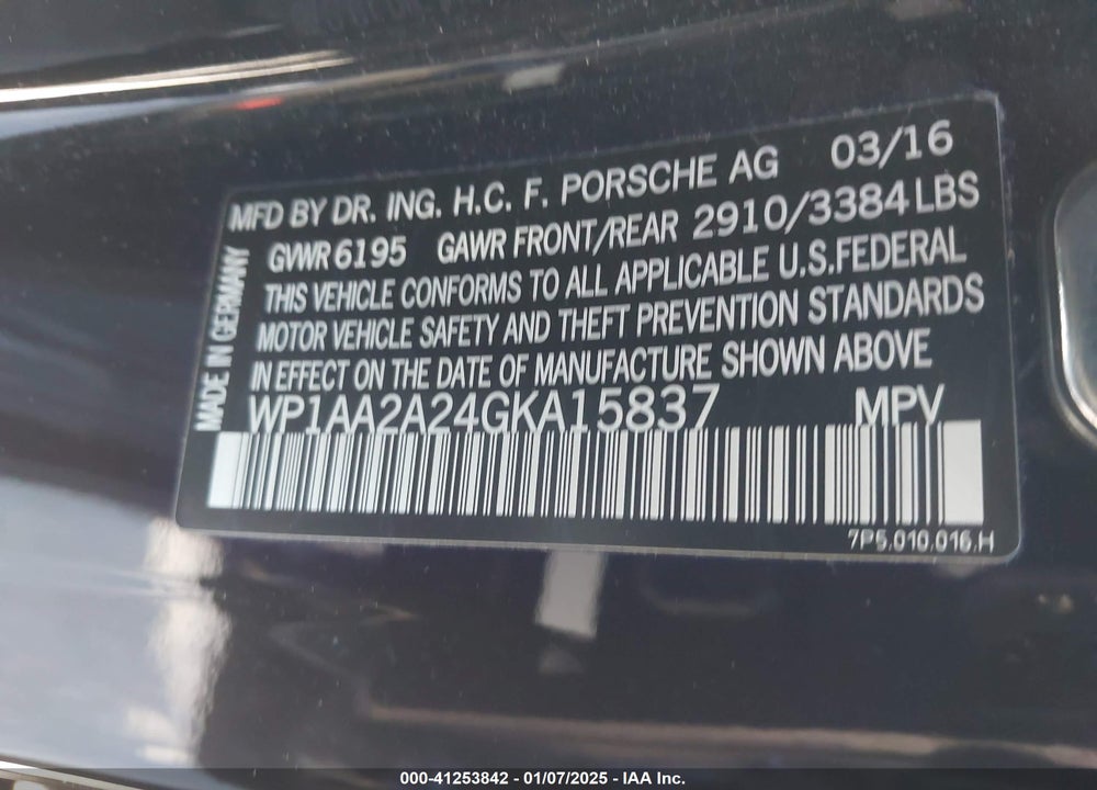 2016 PORSCHE CAYENNE VIN: WP1AA2A24GKA15837