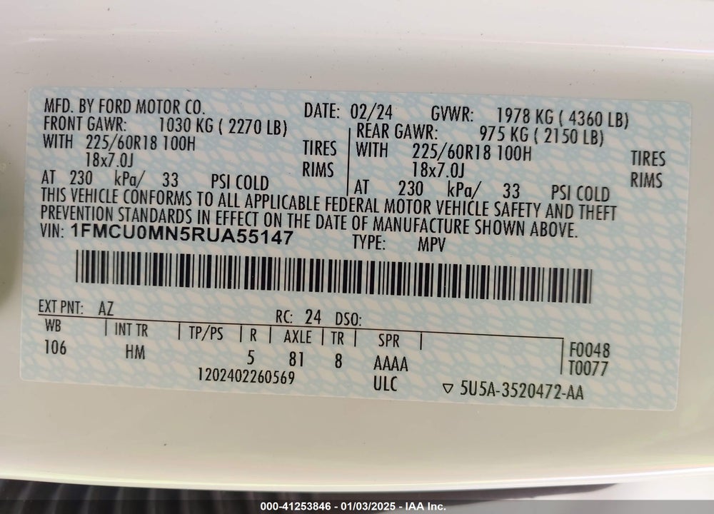 2024 FORD ESCAPE ST LINE VIN: 1FMCU0MN5RUA55147