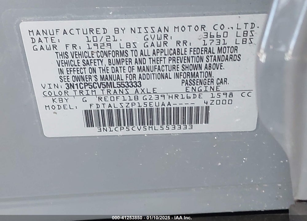 2021 NISSAN KICKS VIN: 3N1CP5CV5ML553333