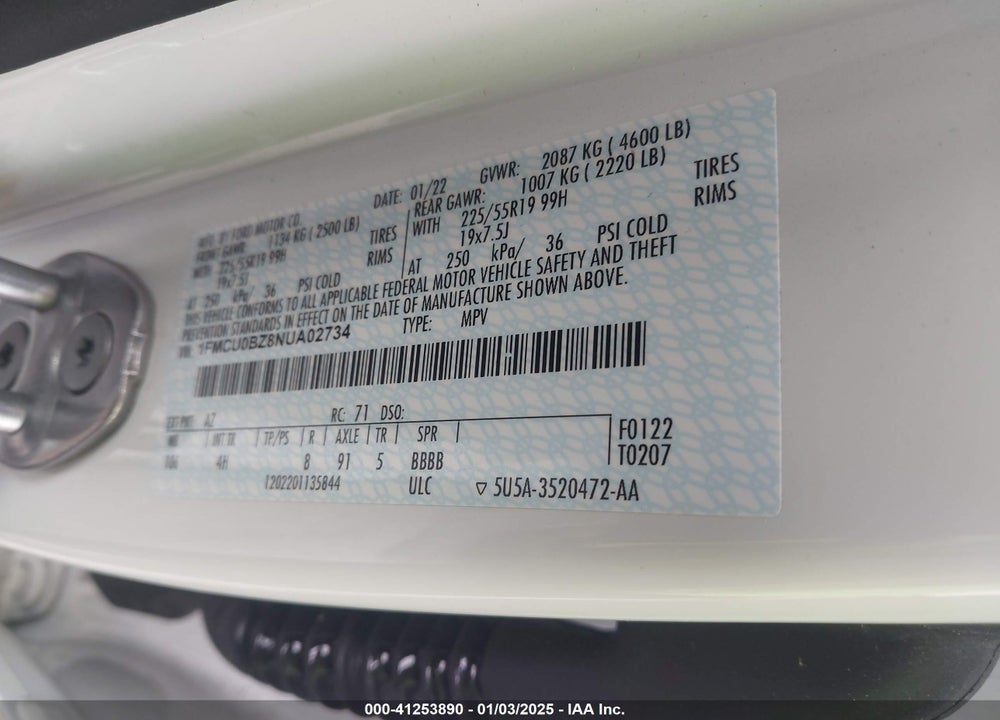 2022 FORD ESCAPE SE HYBRID VIN: 1FMCU0BZ8NUA02734