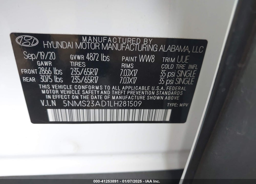 2020 HYUNDAI SANTA FE SE VIN: 5NMS23AD1LH281509