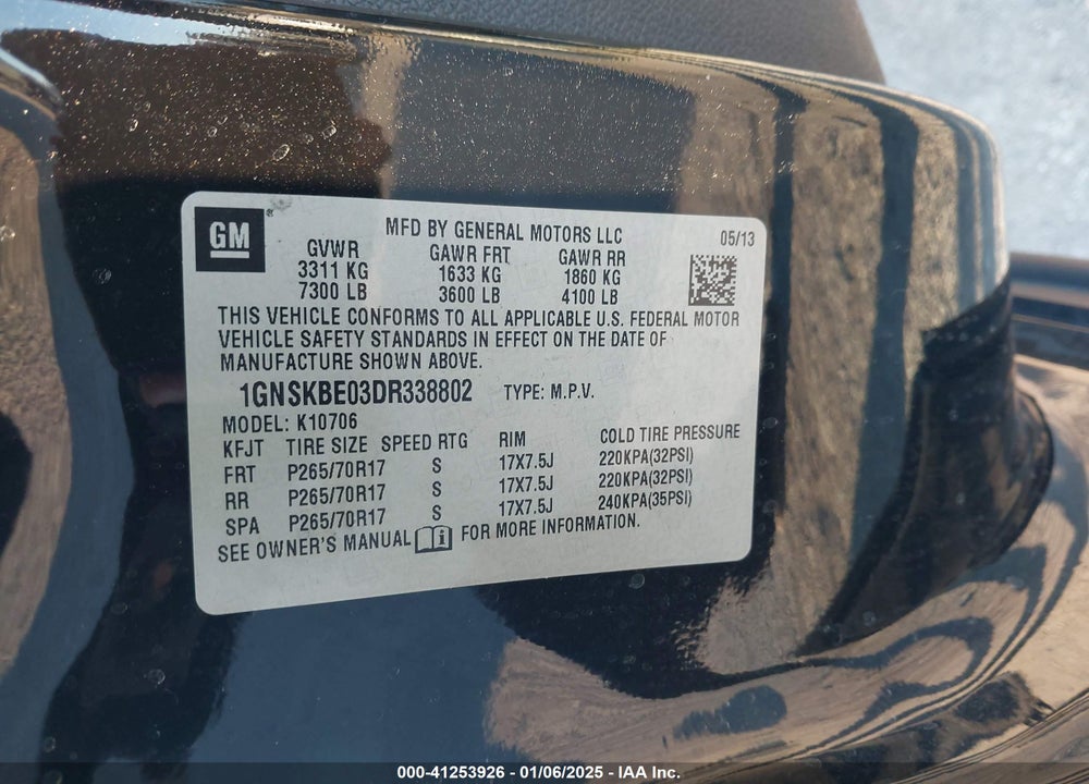 2013 CHEVROLET TAHOE VIN: 1GNSKBE03DR338802