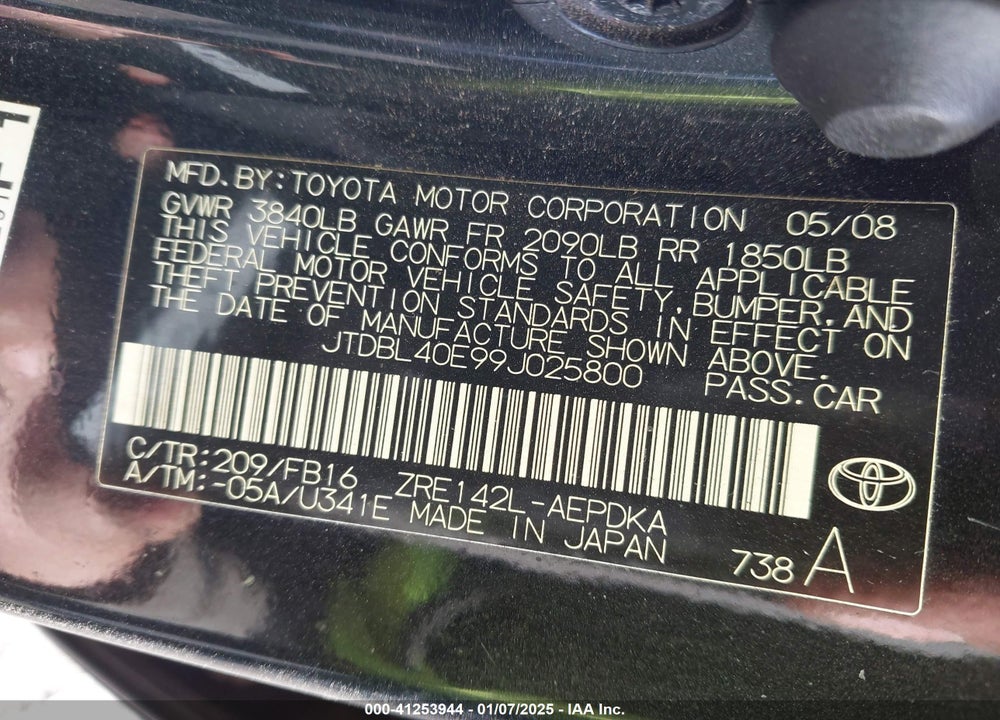 2009 TOYOTA COROLLA LE VIN: JTDBL40E99J025800