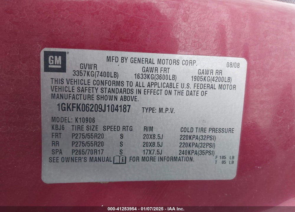 2009 GMC YUKON XL 1500 DENALI VIN: 1GKFK06209J104187