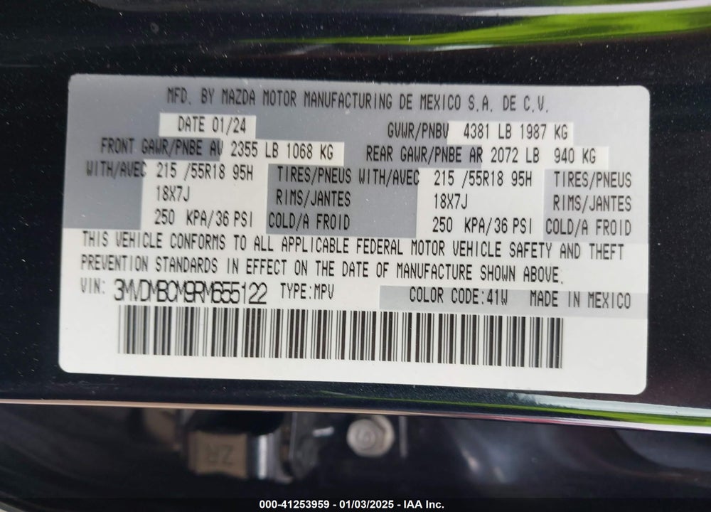 2024 MAZDA CX-30 2.5 S PREFERRED PACKAGE VIN: 3MVDMBCM9RM655122