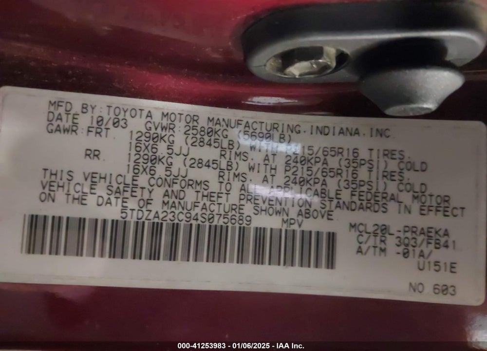 2004 TOYOTA SIENNA LE VIN: 5TDZA23C94S075689