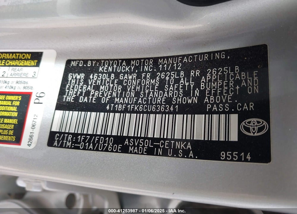 2012 TOYOTA CAMRY VIN: 4T1BF1FK6CU636341