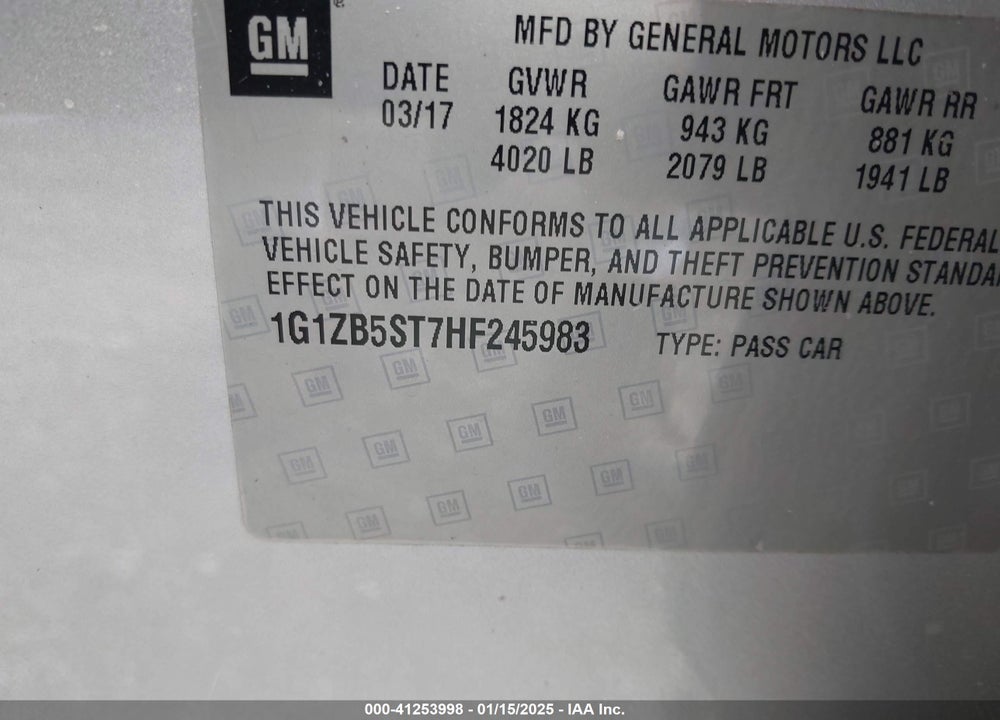 2017 CHEV MALIBU LS VIN: 1G1ZB5ST7HF245983